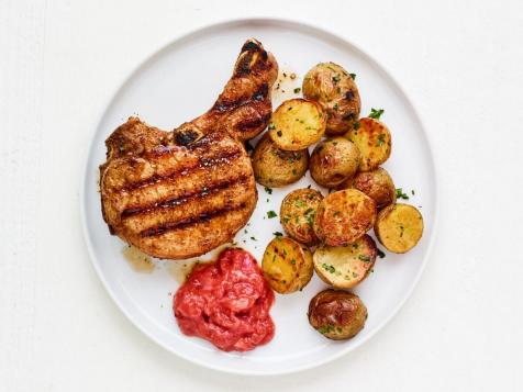 Grilled Pork Chops with Rhubarb Chutney and Foil-Packet Potatoes