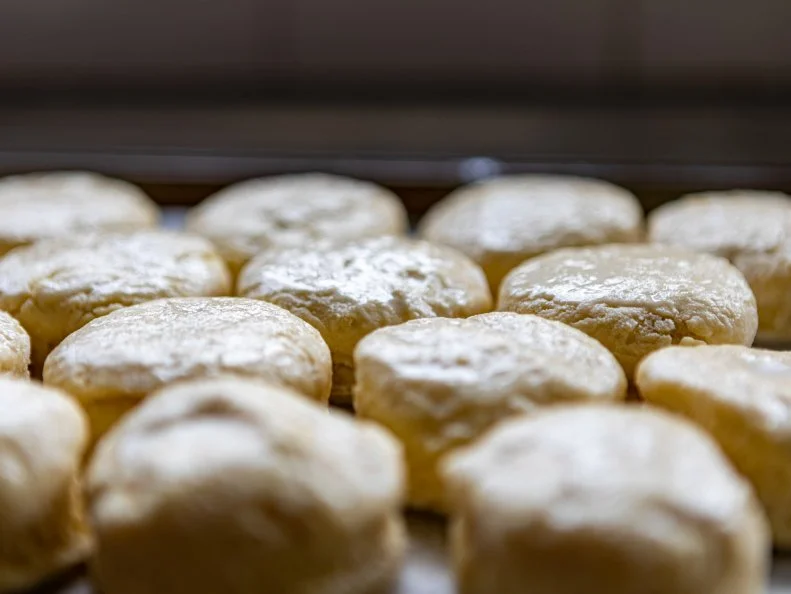 Homemade scones lined up on banking tray in rows ready for baking in the oven