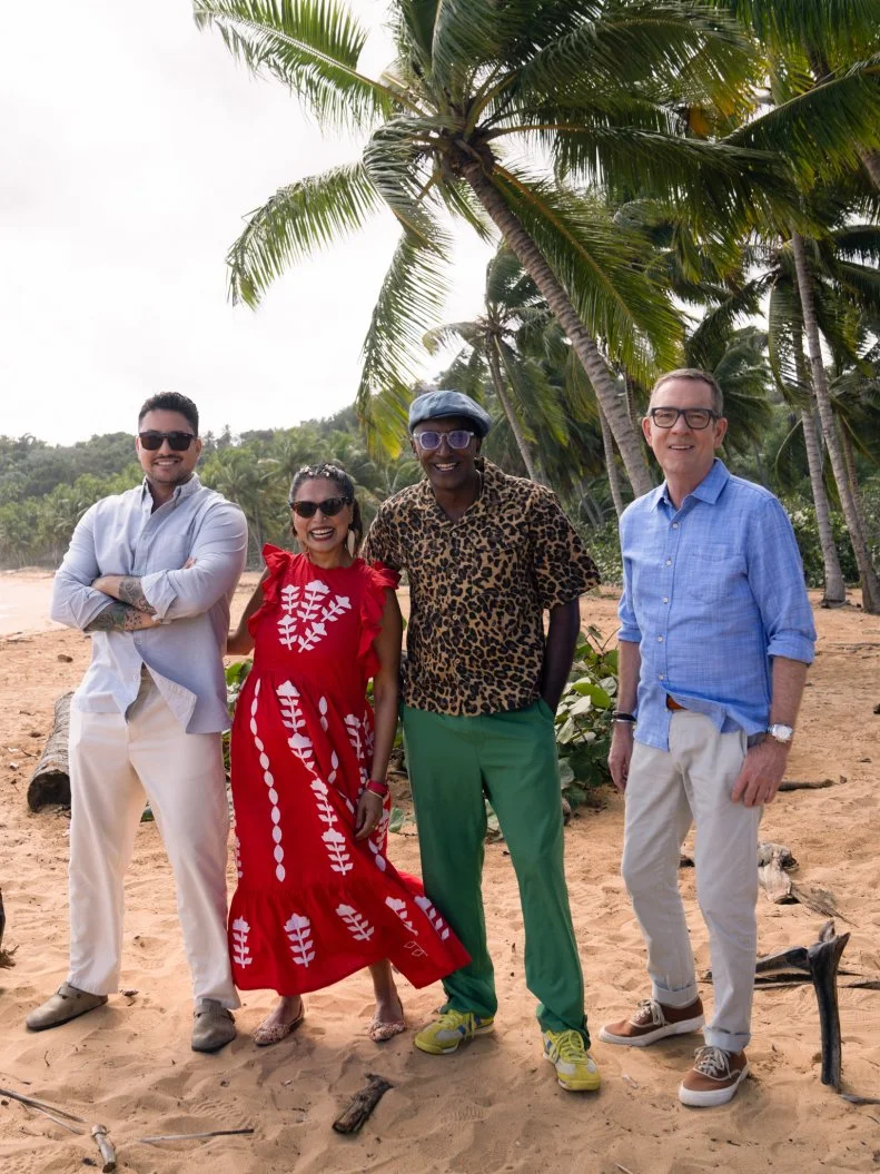 Host Ted Allen with judges Gabe Bertaccini, Maneet Chauhan, and Marcus Samuelsson, as seen on Chopped Castaways: Season 1