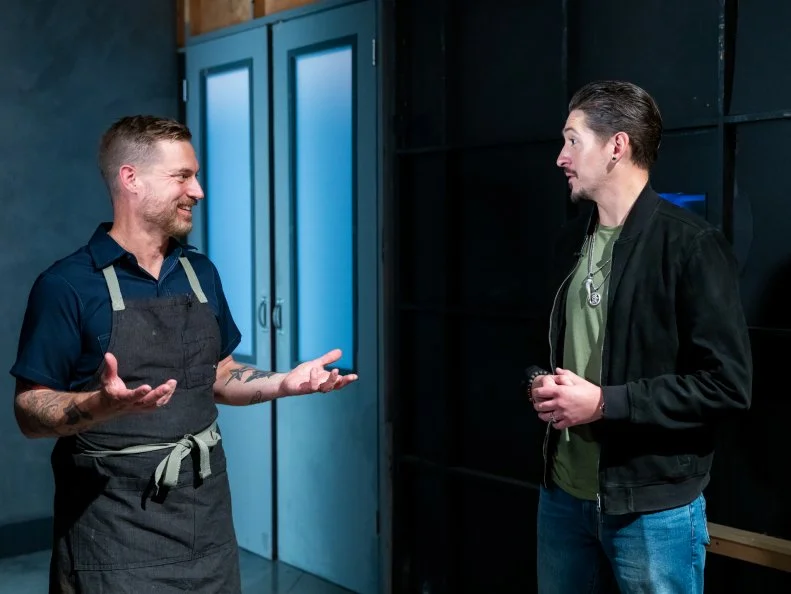 Reporter Hunter Fieri and contestant Bryan Voltaggio, as seen on Tournament of Champions, Season 7.