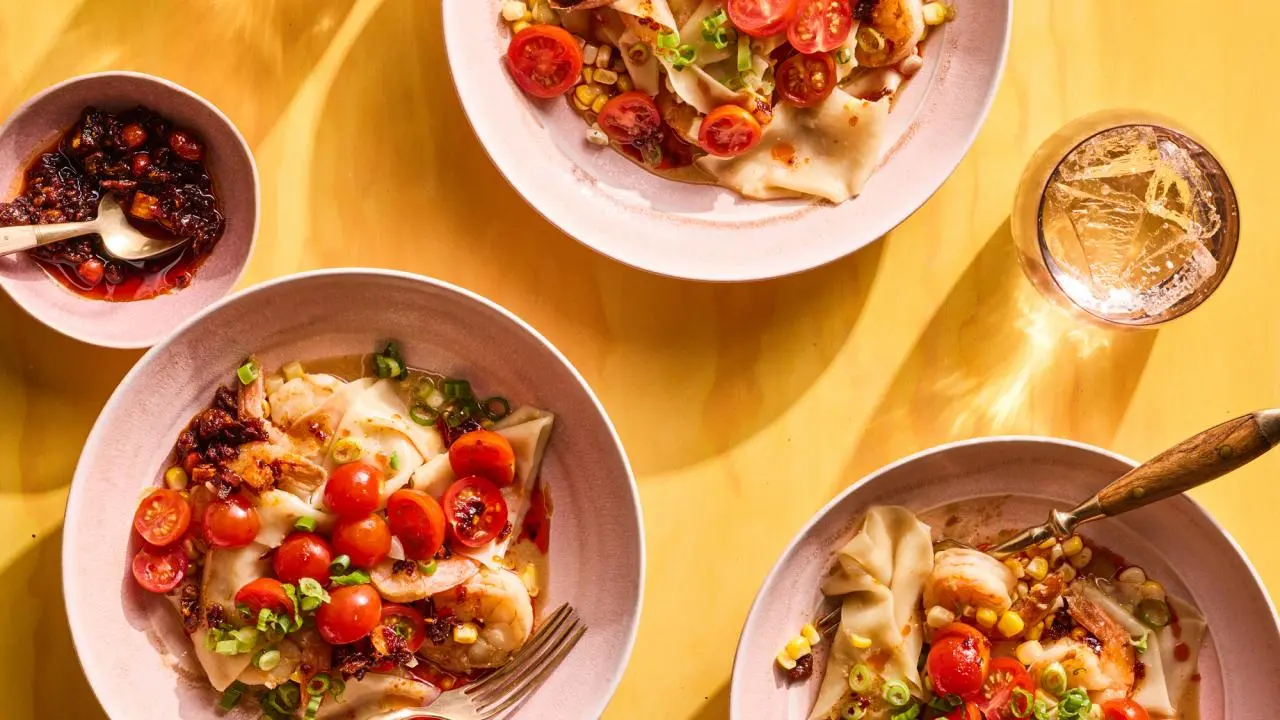 Dumpling Wrapper Stir-Fry with Miso Shrimp and Corn