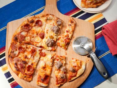 Jeff Mauro makes his Old World Chicago Style Thin Crust, as seen on The Kitchen, season 29.