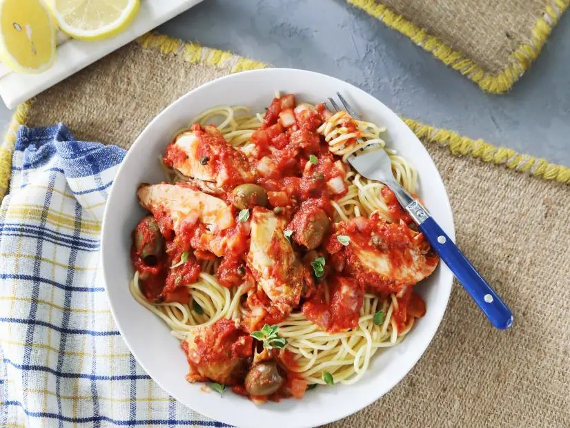 Miss Kardea Brown's savory Chicken Puttanesca Pasta, as seen on the Food Networks, Delicious Miss Brown, Season 6.