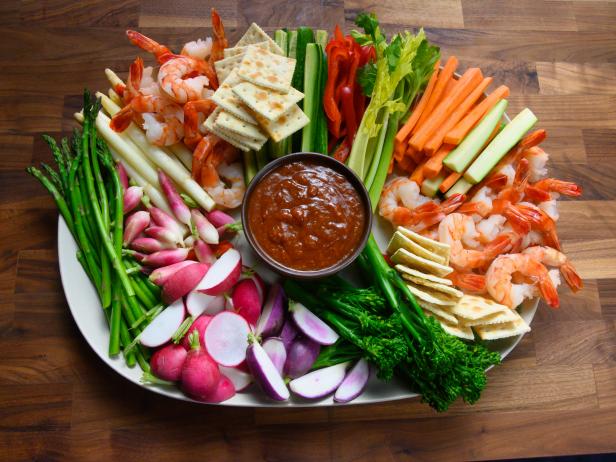 Host Rachael Ray's crudite with yogurt ranch and bloody mary dip, as seen on Food Network.