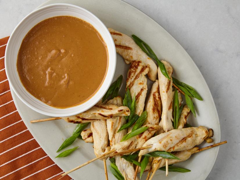 Chris Santos's Food Network Kitchen's Orange-Marinated Chicken Satay with Peanut Sauce as seen on Food Network