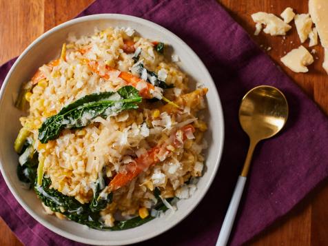 White Risotto with Corn, Carrots, and Kale