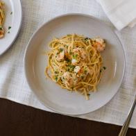 Scott Conant's Spaghetti Aglio e Olio with Marinated Shrimp, as seen on Food Network Kitchen.