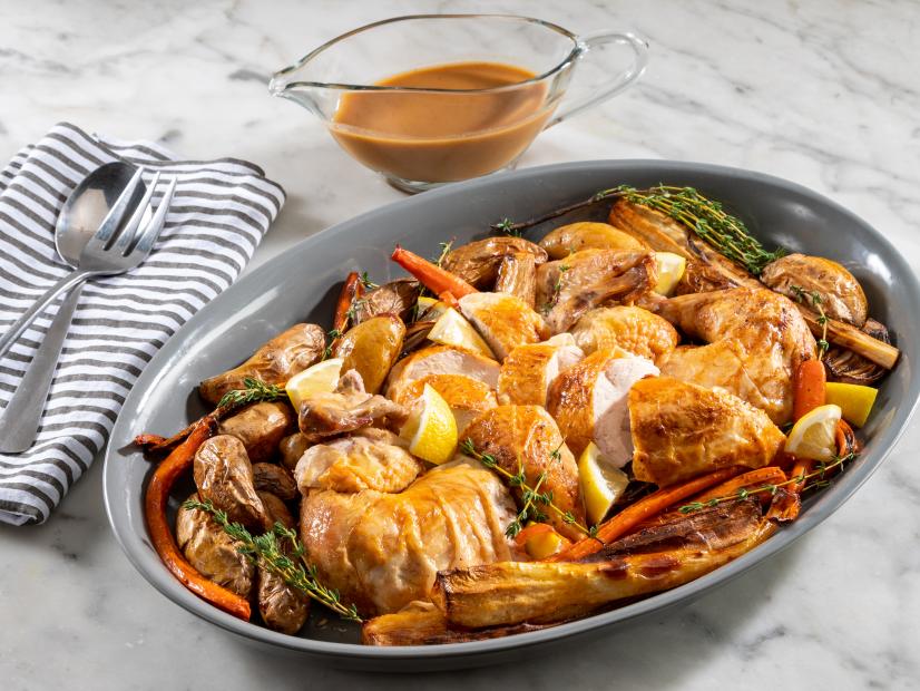 Valerie Bertinelli's dish Roast Chicken with pan sauce, as seen on Food Network.