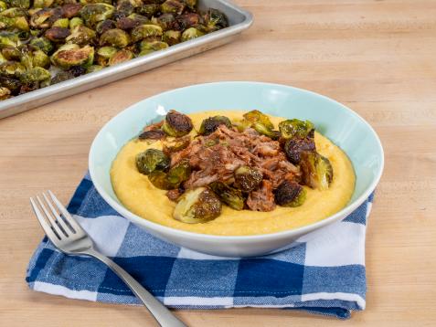 Pressure Cooker Pulled Pork with Roasted Brussels Sprouts and Cheese Grits