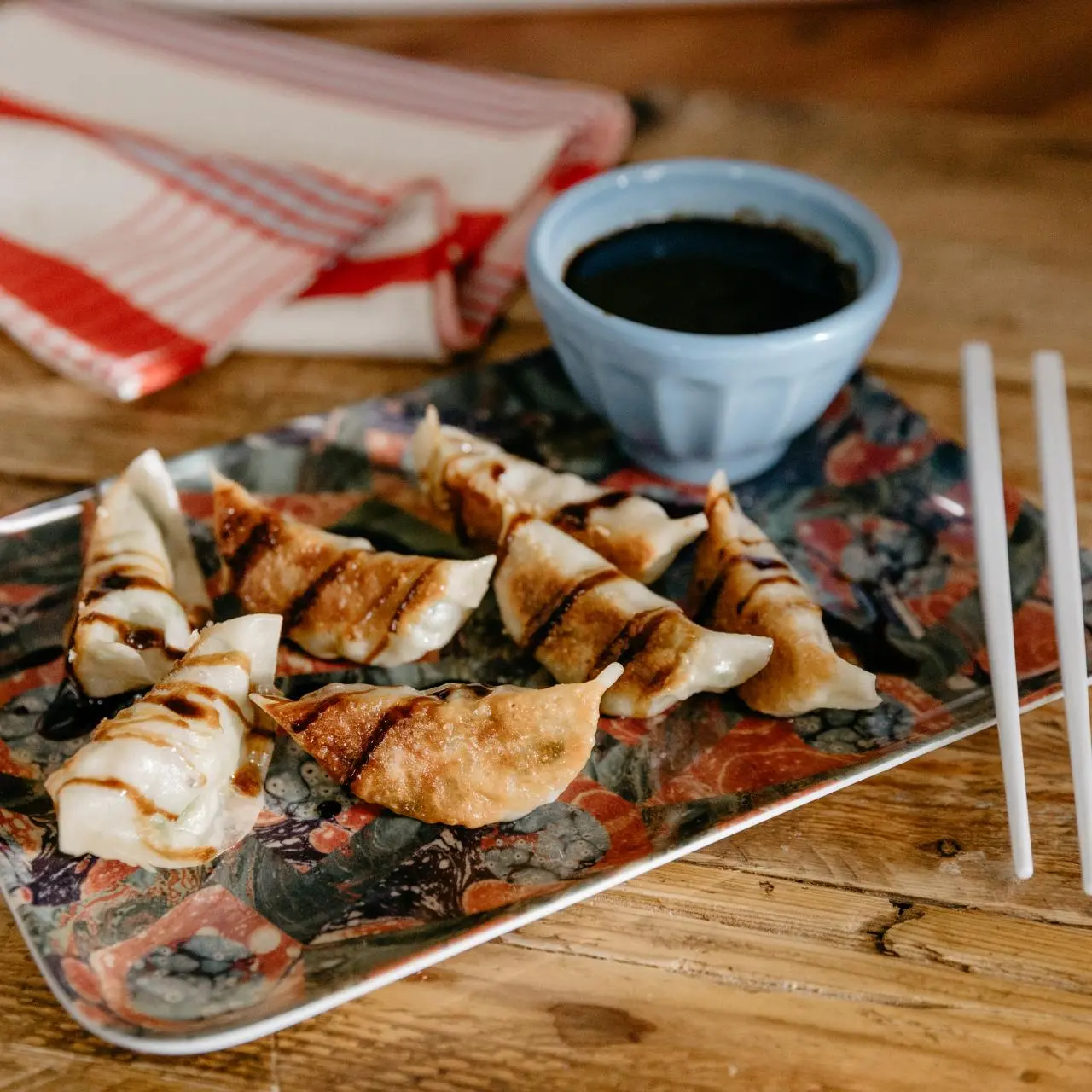 Bacon Brussels Sprout Pot Stickers with Maple Balsamic Glaze