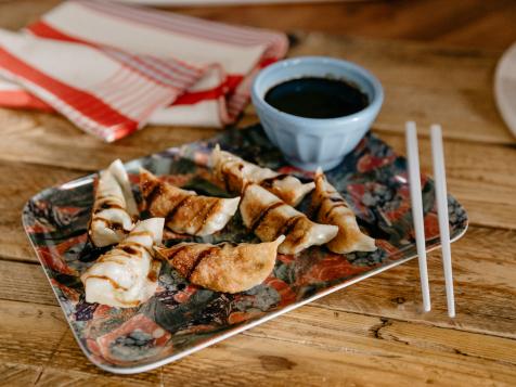 Bacon Brussels Sprout Pot Stickers with Maple Balsamic Glaze