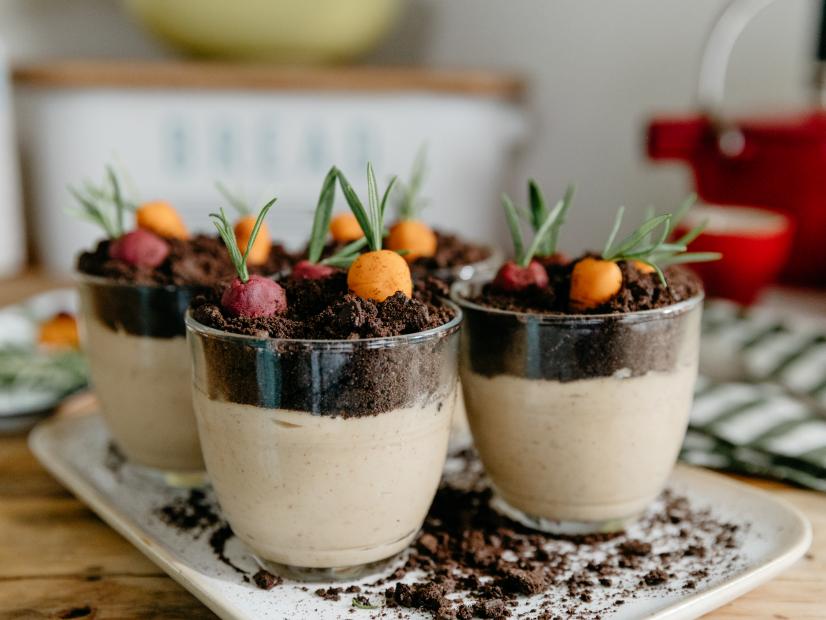 Molly Yeh's Peanut Butter Pudding Dirt Cups with Marzipan Veggies, as seen on Girl Meets Farm, Season 4.
