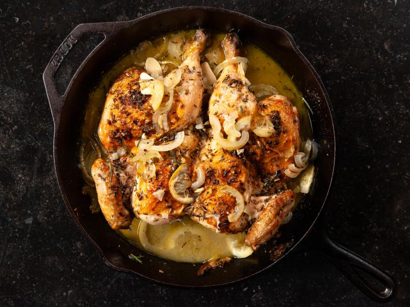 Ina Garten's Skillet Roasted Lemon Chicken, as seen on Food Network's Barefoot Contessa.