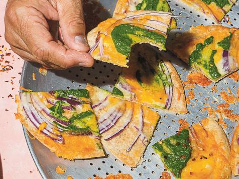 Roti Pizza with Chutney-Cheddar Topping