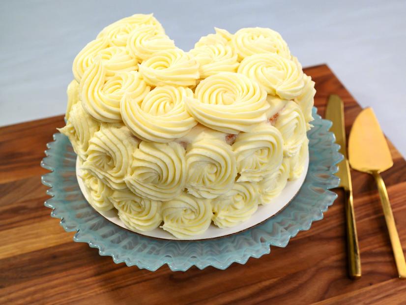 Vanilla layer cake with vanilla buttercream rosettes, as seen on Food Network Kitchen Live.