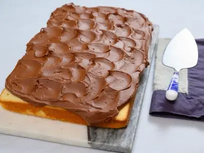Yellow sheet cake with dark chocolate buttercream, as seen on Food Network Kitchen Live.