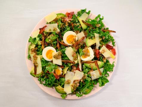 Bacon and Egg Chicory Salad with Parmesan, Avocado, Dates and Caper-Sherry Vinaigrette