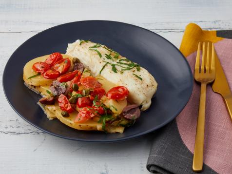 Roasted Halibut over Braised Potatoes, Tomatoes and Olives