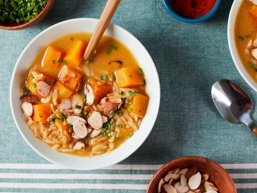 Jackie Newgent's Cayenne Winter Squash Speckled Orzo Soup, as seen on Food Network Kitchen.