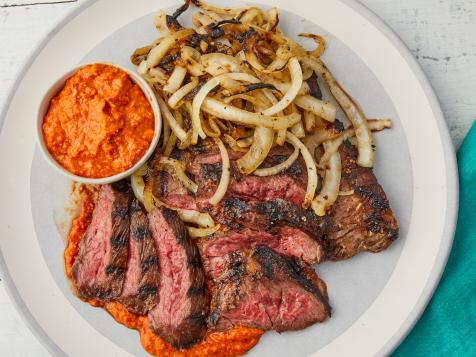 Garlic-Rubbed Skirt Steak and Vidalia Onions with Peanut Romesco