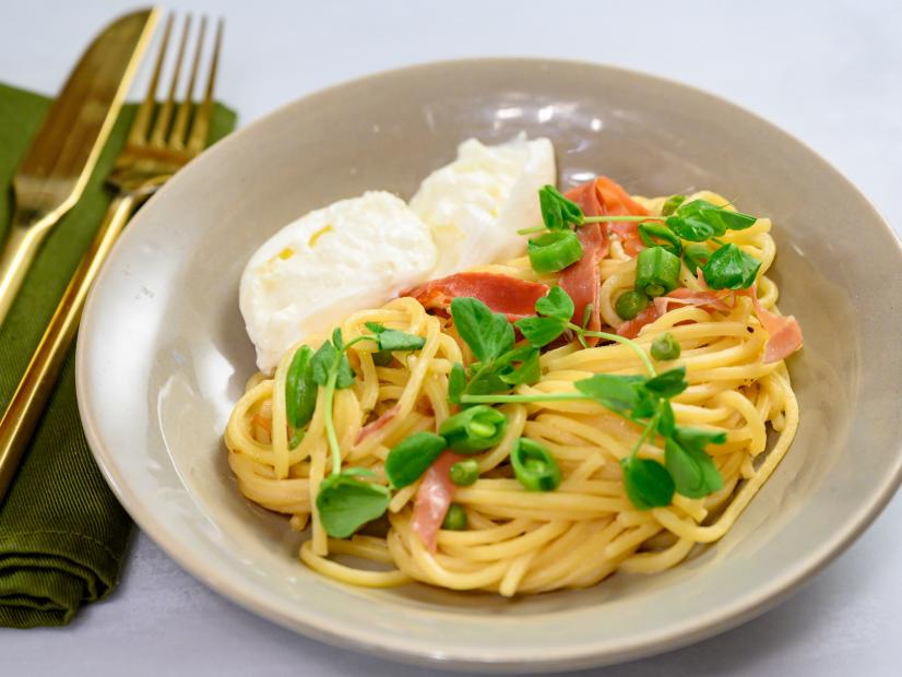 Pasta alla chitarra with burrata-speck-pea sauce, as seen on Food Network Kitchen Live.