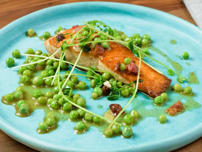 Michael Symon features Peas and Pancetta with Salmon, as seen on Food Network Kitchen Live.