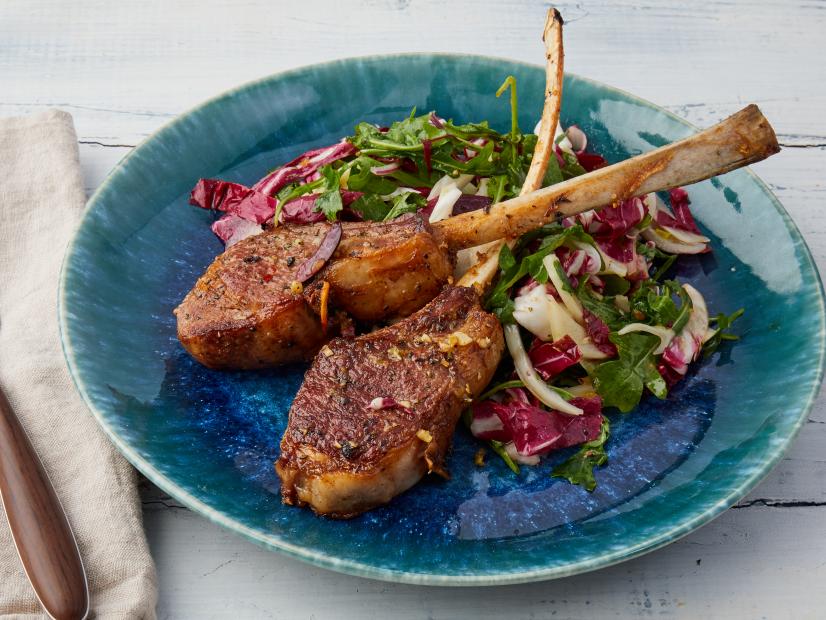 Anne Burrell Lamb Chops with Fennel Arugula, Red Onion Black Olive Salad, as seen on Food Network Kitchen.