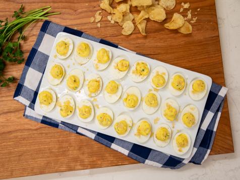 Parmesan Dijon Deviled Eggs with Crunchy Potato Chips