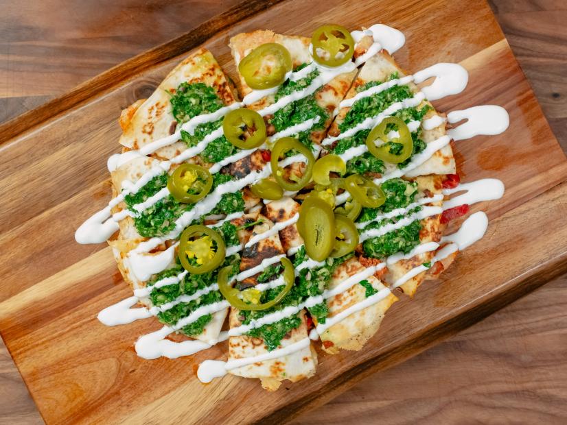 Rachael Ray features Spanish Style Chorizo and Shrimp Quesadilla with Chimichurri, as seen on Food Network Kitchen Live.
