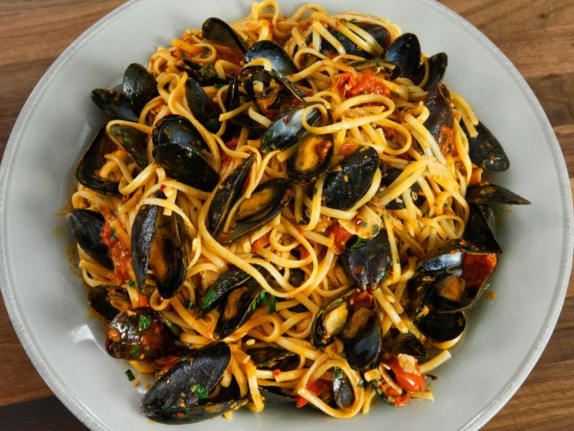 Spicy Mussels with Muscle and Linguini, as seen on Food Network Kitchen Live.