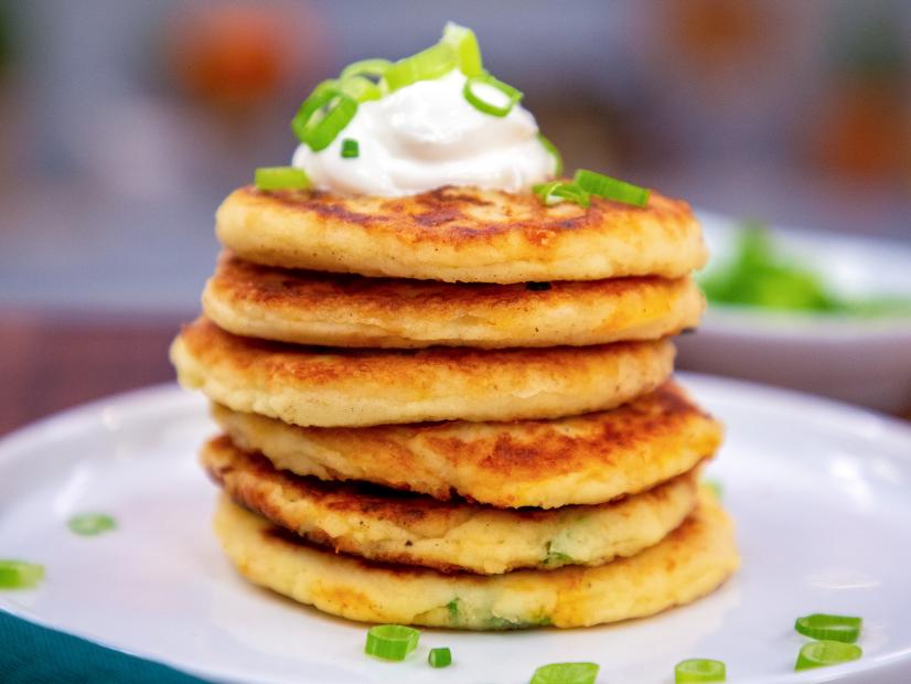 Cheesy Leftover Mashed Potato Pancakes beauty, as seen on Food Network Kitchen Live.