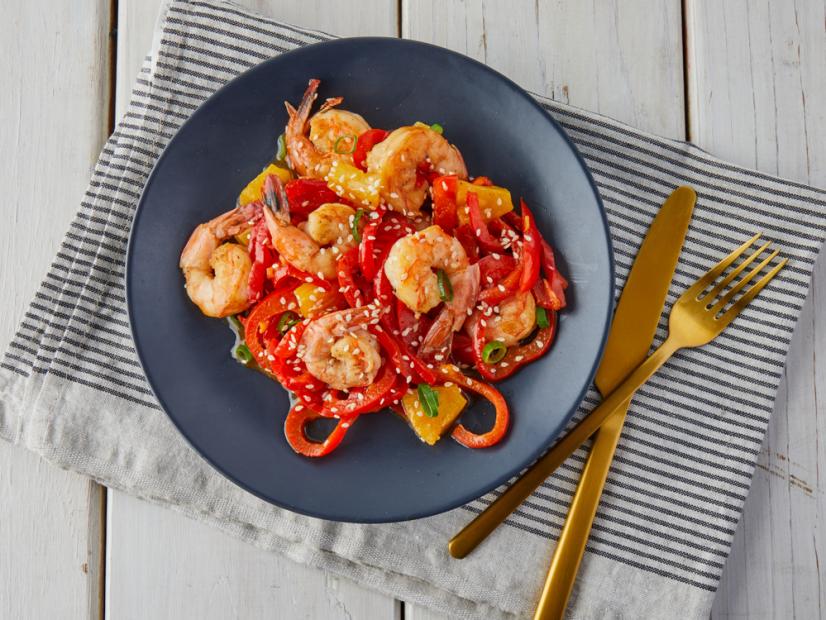 Ali Maffucci Teriyaki Pineapple Shrimp with Bell Pepper noodles, as seen on Food Network Kitchen.
