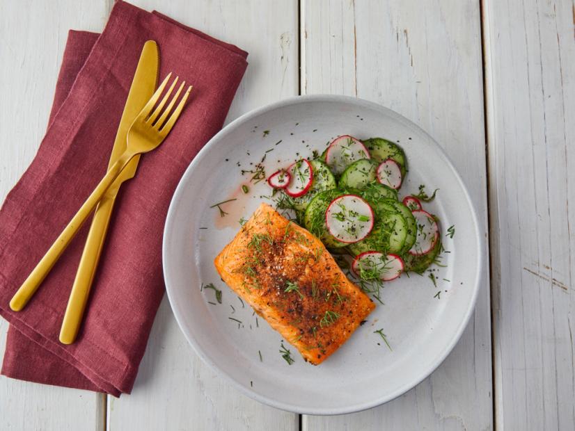 Lindsay Maitland Hunt Broiled Artic Char With Marinated Cucumber and Radish Salad, as seen on Food Network Kitchen.
