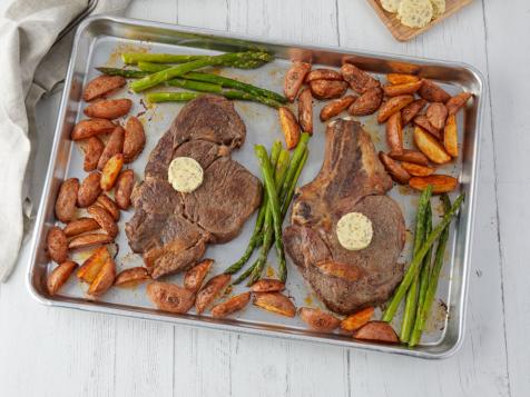 Rib-Eye Steaks with Thyme-Shallot Butter, Paprika Potatoes and Asparagus