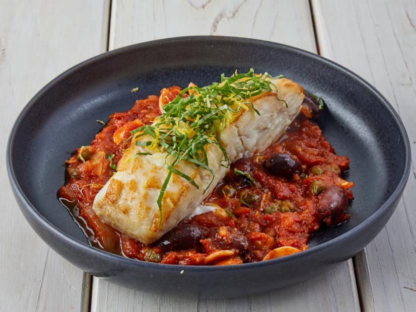Ben Robinson Pan Roasted Halibut Puttanesca, as seen on Food Network Kitchen.