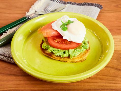 Corn Cakes Topped with Avocado, Tomato, Poached Eggs and Smoked Salmon