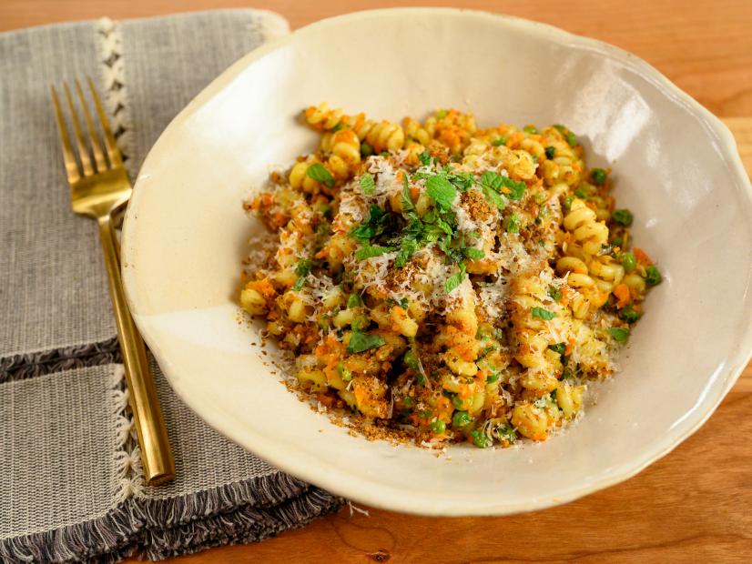 Creamy Fusilli with Carrots, Peas and Breadcrumbs, as seen on Food Network Kitchen Live.