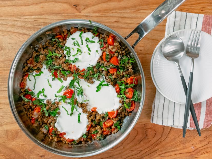 Ellie Krieger features Herbed Lentil Skillet with Spinach, Tomato, and Ricotta, as seen on Food Network Kitchen Live.