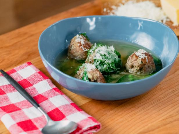 Justin Chapple features Toasted Pasta and Meatballs in Parmesan Brodo, as seen on Food Network Kitchen Live.