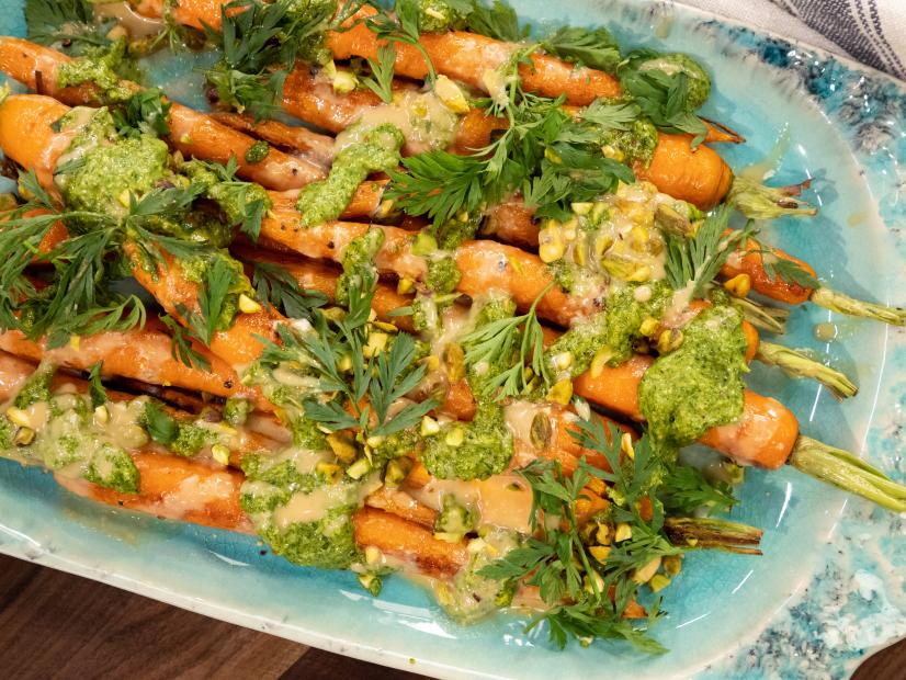 Roasted Carrots w/ Tahini and Carrot Top Pesto beauty, as seen on Food Network Kitchen Live.