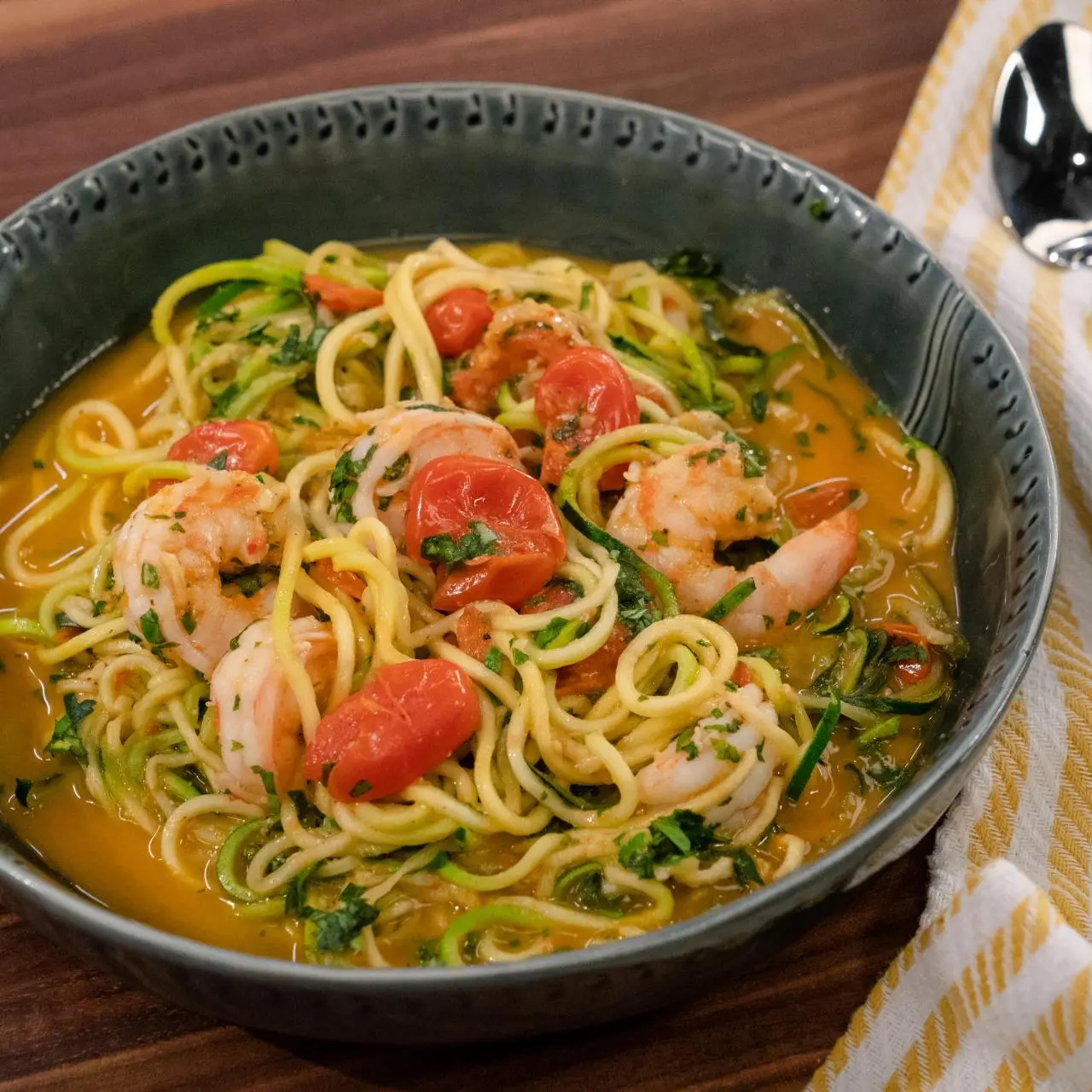 Zoodles with Spicy Garlic-Miso Shrimp Recipe | Megan Mitchell