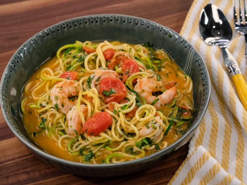 Megan Mitchell's completed Zoodles with Miso-Garlic Shrimp, as seen on Food Network Kitchen Live
