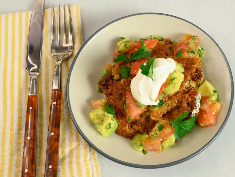Mexican Quinoa Cakes with Avocado Tomato Salsa and Lime Cream, as seen on Food Network Kitchen Live.