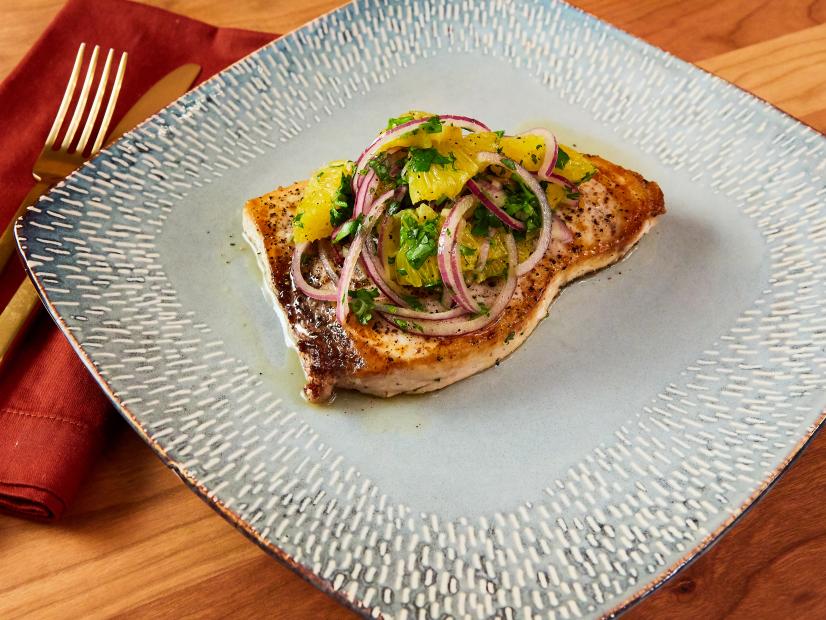 Pan Seared Peppered Swordfish with Red Onion Citrus Salsa, as seen on Food Network Kitchen Live.