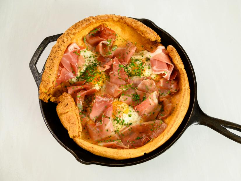 Smoked Paprika Dutch Baby with Serrano and Fried Eggs, as seen on Food Network Kitchen Live.