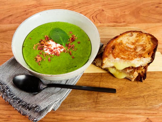 Split Pea Soup with Bacon and Crispy White Cheddar Grilled Cheese