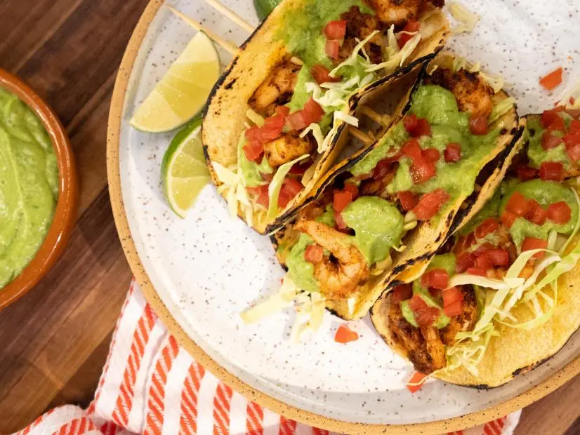 Spice Rubbed Shrimp Tacos beauty, as seen on Food Network Kitchen Live.