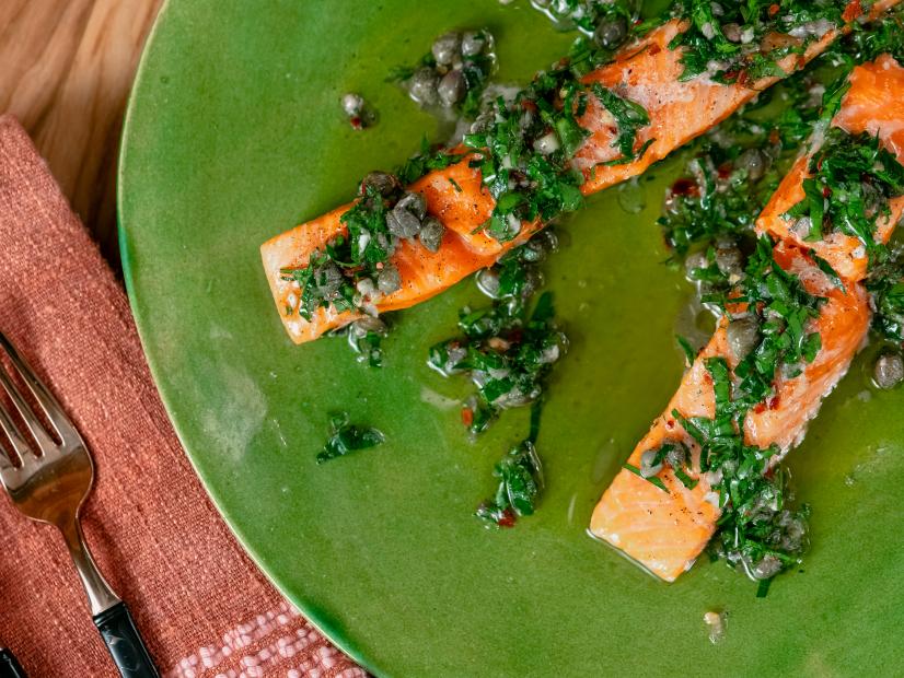 Michael Symon features Slow-Cooked Salmon with Salsa Verde, as seen on Food Network Kitchen Live.