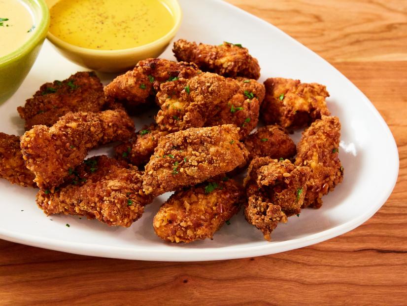 Pretzel-Coated Boneless Wings with Beer Cheese sauce and Liquid Gold Honey Mustard, as seen on Food Network Kitchen Live.