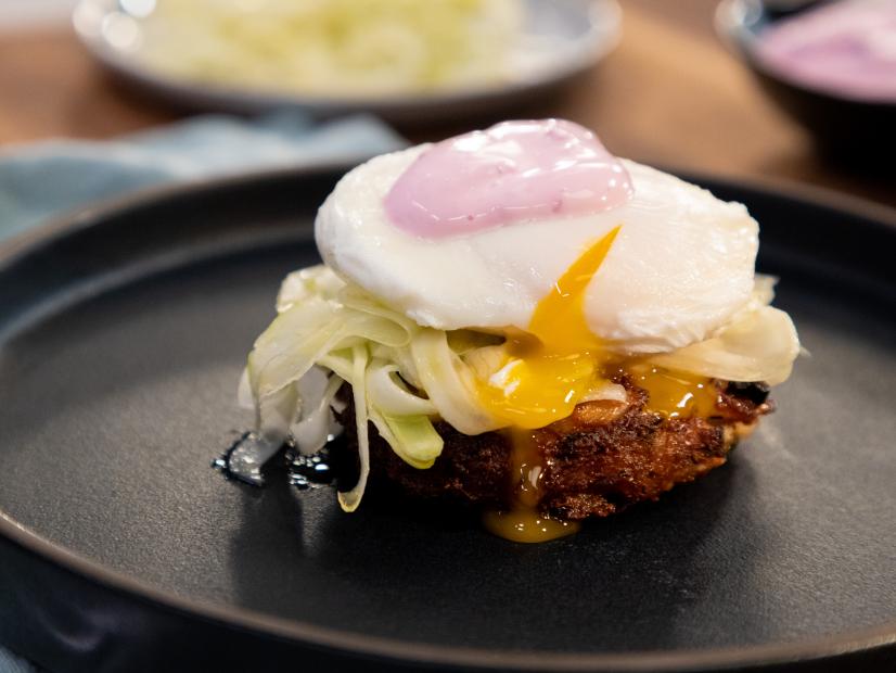 Crab Cake with Marinated Fennel, Poached Eggs and Horseradish Sauce beauty, as seen on Food Network Kitchen Live.